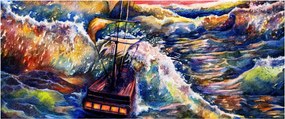 Obraz - Loď na oceánskych vlnách, aquarel (120x50 cm)