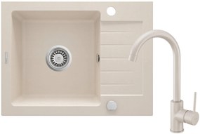 Deante Zorba, granitový drez 580x440x164 mm Z/KO, 3,5" + priestorovo úsporný sifón, 1-komorový + Nemezja batéria, béžová, ZQZA511A
