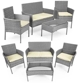 Set záhradného nábytku z technoratanu, lavica, stôl, stoličky, sivá, MultiGarden