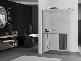 Mexen Kioto+, sprchová zástena Walk-In s poličkou a vešiakom 70 x 200 cm, 8mm číre sklo, grafitový profil, 800-070-121-95-00