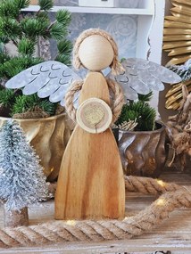 Prírodný drevený anjel so srdiečkom Heart gold - 23*5*26cm