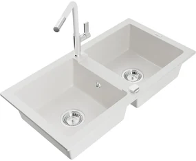 Mexen Mario, 2-komorový granitový drez 820x436x161 mm a drezová batéria Flora, biela, 6504-20-670401-02