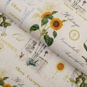 PVC obrus Slnečnice levandule a olivy na krémovom PV-155 - metráž š. 140 cm
