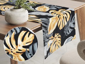 Biante Bavlnený behúň na stôl Sandra SA-228 Sivé a zlaté tropické listy na čiernom 20x180 cm