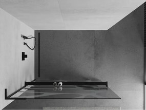 Mexen Kioto+ L, sprchová zástena Walk-In s poličkou a vešiakom 80 x 200 cm, 8mm číre sklo biely vzor, čierny profil, 800-080-123-70-97