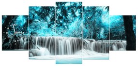 Gario Obraz s hodinami Vodopád v modrej džungli - 5 dielny Rozmery: 150 x 105 cm