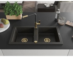 Mexen Mario, 2-komorový granitový drez 820x436x161 mm a drezová batéria Flora, čierna-zlatá metalíza, 6504-75-670401-57-G
