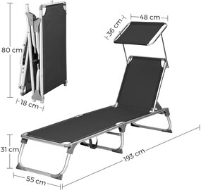 SONGMICS Záhradné ležadlo hliníkové 55 x 193 cm čierne