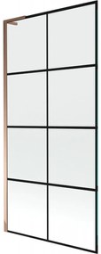 Mexen Next L, 1-krídlová vaňová zástena 90 x 150 cm, 6mm číre sklo-čierny vzor, ružové zlato profil, 895-090-000-03-77-60