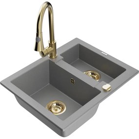 Mexen Carlos, 1,5-komorový granitový drez 582x475x177 mm a drezová batéria Elia, šedá, 6518-71-670101-50