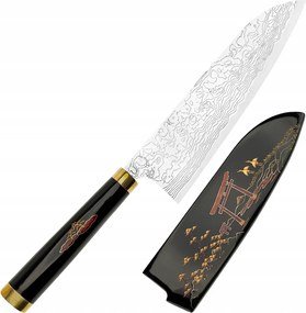 Takeshi Saji Art Tori Fuji On Lake Kuty R-2 Japonský nôž Santoku 18 cm Saya