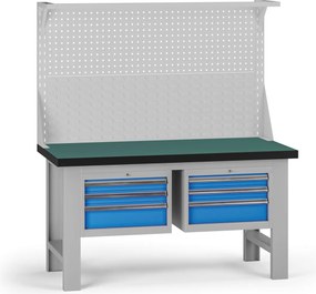 Pracovný stôl do dielne G8 s nadstavbou, 1500 x 750 x 800 mm, 2x kontejner, 6 zásuviek, modrá