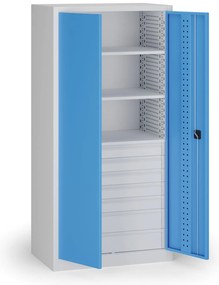 Dielenská zásuvková skriňa na náradie KOVOS, 3 police, 7 zásuviek, perforovaná, 950 x 600 x 1950 mm, modrá