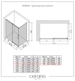 Cerano Lantono, sprchovací kút s posuvnými dverami 130(dvere) x 100(stena) x 195 cm, 8mm číre sklo, chrómový profil, CER-CER-432193