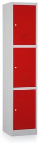 Kovová šatníková skrinka - 3 boxy, 38 x 45 x 185 cm, cylindrický zámok, červená - ral 3000