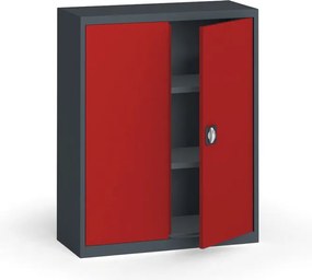 Plechová policová skriňa na náradie KOVONA, 1150 x 950 x 400 mm, 2 police, grafit/červená