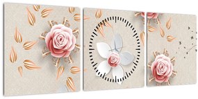 Obraz - Kvety ruží (s hodinami) (90x30 cm)