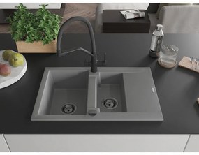Mexen Gaspar, granitový drez 737x475x177 mm, 1,5-komorový a drezová batéria Duo, šedá, 6507-71-671701-70-B