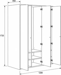 Šatníková skriňa FRAME, 3 oddiely, 1299 x 450 x 1735 mm, PUSH-lock, biela