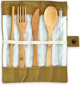 Klarstein Cestovný príbor, 5-dielna súprava, v hnedom obale, zrolovateľný, bambus