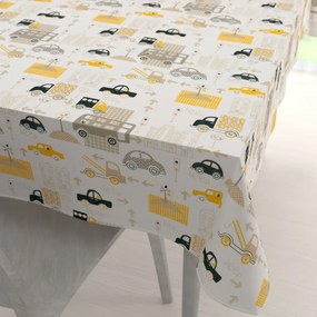 Biante Detský bavlnený obdĺžnikový obrus Sandra SA-672 Žlté a sivohnedé autá v meste na bielom 50x100 cm