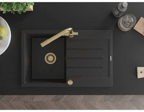 Mexen Bruno, 1-komorový granitový drez s odkvapkávačom 795x495x200 mm a zlatá batéria Duero, čierna-strieborná metalíza, 6513-73-671600-50