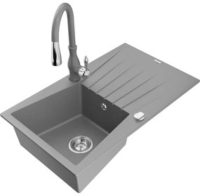 Mexen Cesar, 1-komorový granitový drez 775x470x190 mm a drezová batéria Savita, šedá, 6514-71-672601-71
