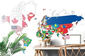 Tapeta mapa sveta s vlajkami s bielym pozadím - 375x250
