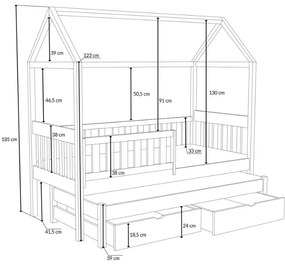 Detská domčeková posteľ z masívu borovice REVOLUT s prístelkou a šuplíky - 200x90 cm - biela
