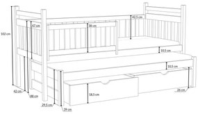 Detská posteľ z masívu borovice PROKOP s prístelkou a šuplíkmi - 200x90 cm - PRÍRODNÁ BOROVICA