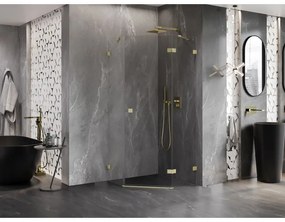 Mexen Lunar, päťuholníkový sprchový kút s pravým sklonom 90 x 90 cm, 8mm číre sklo, zlatý matný profil, 831-090P-090L-55-00-P