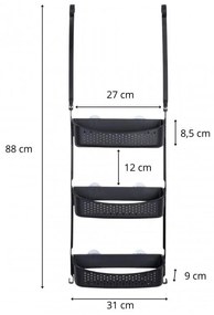 Erga Wiki, kúpeľňový kôš, závesný organizér 31x88 cm s prísavkami, 3-radový, čierna matná, ERG-YKA-CH.WIKI-3-BLK