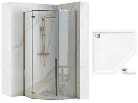 Rea Diamond, sprchovací kút 90x90x195 cm, 6mm číre sklo, zlatý profil + biela sprchová vanička, KPL-04904