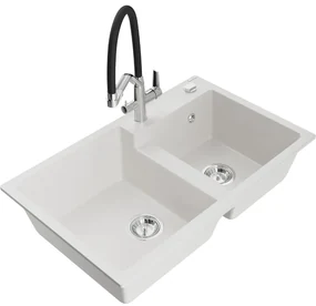 Mexen Tomas, 2-komorový granitový drez 800x500x190 mm a kuchynská batéria Duo, biela, 6516-20-671701-07