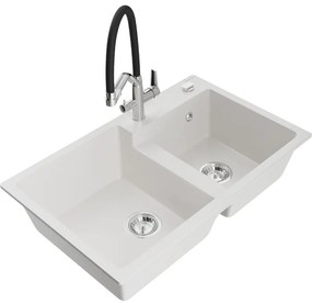 Mexen Tomas, 2-komorový granitový drez 800x500x190 mm  a kuchynská batéria Duo, biela, 6516-20-671701-07