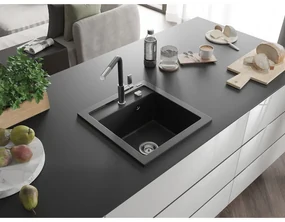 Mexen Vito, 1-komorový granitový drez 490x520x210 mm a drezová batéria Flora, čierna, 6503-77-670401-07