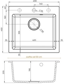 Sink Quality Ferrum 50, kuchynský granitový drez 490x450x195 mm + zlatý sifón, čierna, SKQ-FER.C.1K50.XG