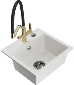Mexen Milo, granitový drez 435x410x171 mm, 1-komorový a drezová batéria Duo, biela, 6505-20-671701-57-B