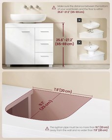 Kúpeľňová skrinka pod umývadlo, 3 zásuvky, 2 priehradky, 30 x 70 x 64 cm, oblá biela