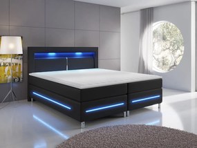Boxspringová manželská posteľ s LED osvetlením 180x200 GALWAY - čierna ekokoža + topper ZDARMA