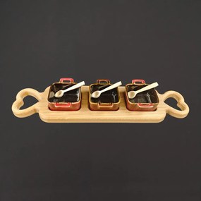 AMADEA 46240 Podnos 3 keramické misky a drev. lyžičky 43cm drev. dekorácie