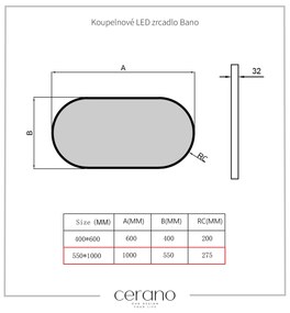 Cerano Bano, LED kúpeľňové zrkadlo 100x55 cm, kovový rám, čierna matná, CER-CER-NT8144-100X55