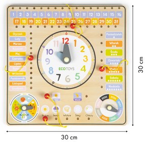 Drevená manipulačná tabuľa s kalendárom a hodinami