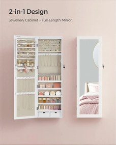 Nástenná skrinka na šperky, šperkovnica, uzamykateľná, 10 x 30 x 120 cm, biela