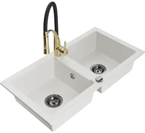 Mexen Mario, granitový drez 820x436x161 mm, 2-komorový a drezová batéria Aster, biela, 6504-20-73450-57-B