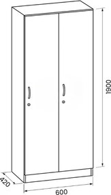 Drevená šatníková skrinka S5, 2 oddiely, 1900 x 600 x 420 mm, cylindrický zámok, buk