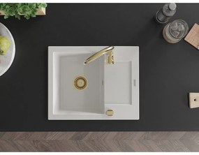 Mexen Enzo, granitový drez 576x465x174 mm, 1-komorový, biela so zlatým sifónom, 6506571005-20-G