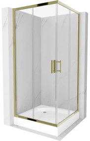 Mexen Rio, štvorcový sprchovací kút s posuvnými dverami 90(dvere) x 90(dvere) x 190 cm, 6mm číre sklo, zlatý profil + biela sprchová vanička RIO, 860-090-090-50-00-4510