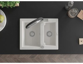 Mexen Carlos, 1,5-komorový granitový drez 582x475x177 mm a drezová batéria Duo, biela, 6518-20-671701-07