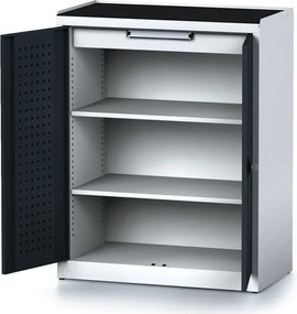 Policová dielenská skriňa 2-dverová MECHANIC, 2 police, 1 zásuvka, 920 x 500 x 1170 mm, grafitové dvere